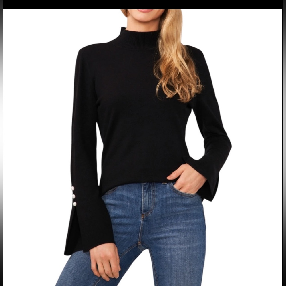 Cece Black Turtleneck Sweater with Pearl Button Sleeves Size Large